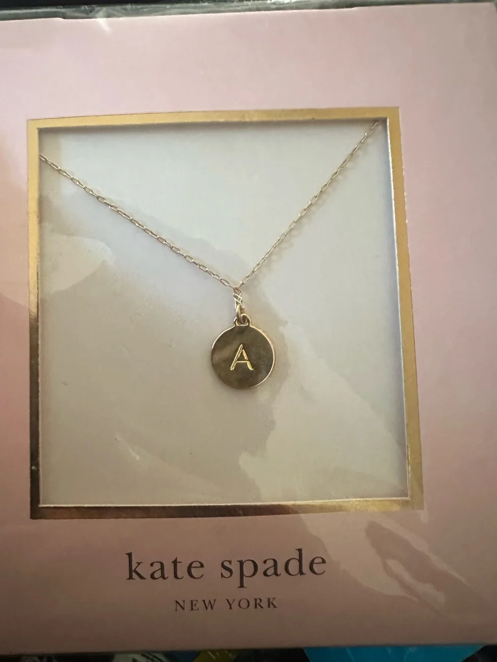 kate spade Gold Initial A Disc Necklace with Pink Box